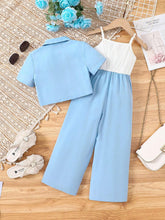 Young Girl Woven Collared Short Casual Cardigan With Knitted Strap Splice Woven Jumpsuit Set